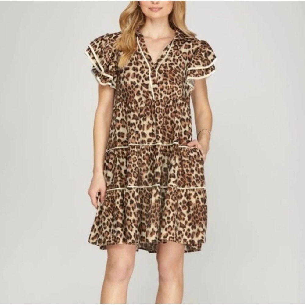 She + Sky Leopard Print Tiered Babydoll Mini Dress Ruffle Sleeve Brown White M